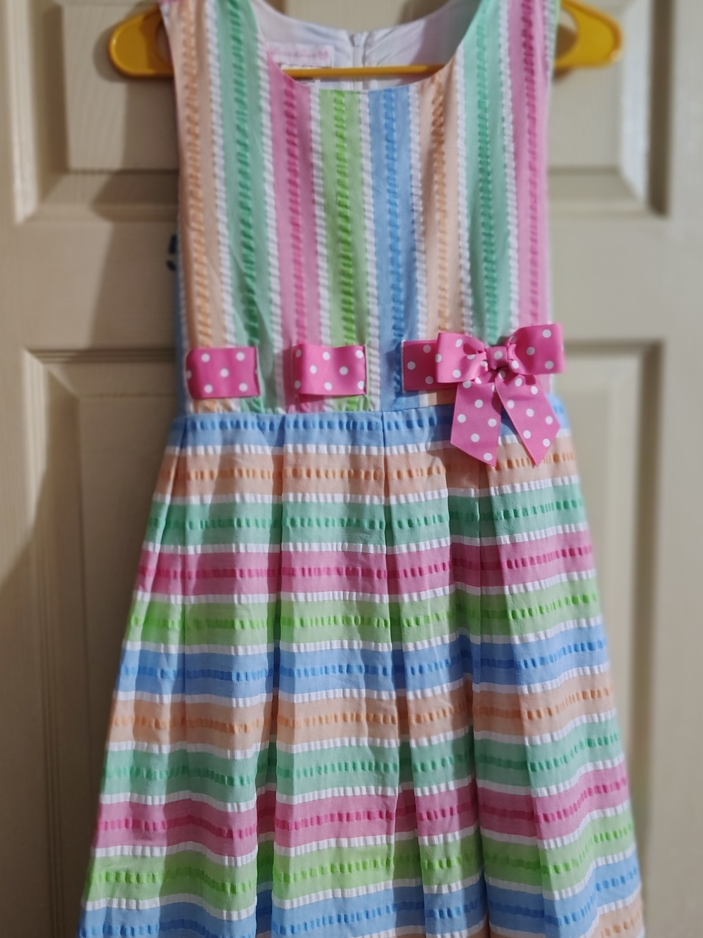 Bonnie Jean Pastel Rainbow Stripe Sundress with Pink Polka Dot Bows